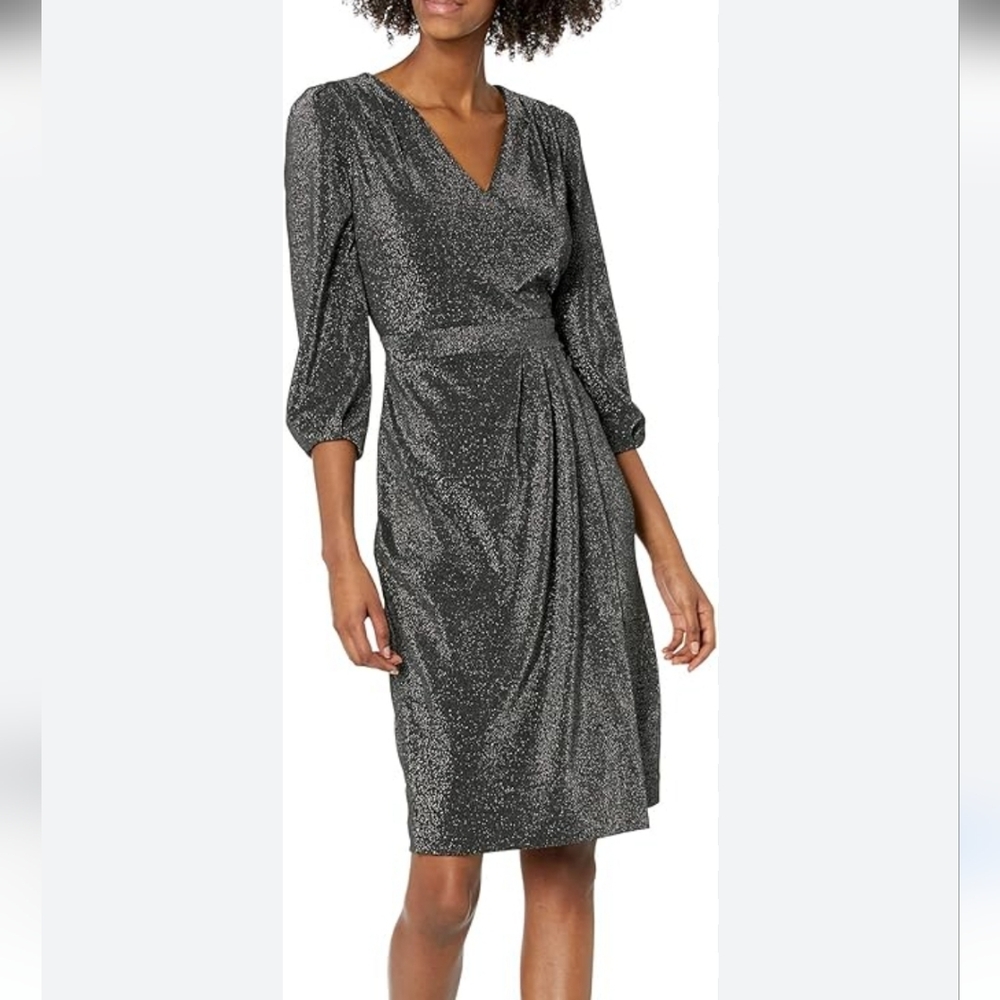 Karl Lagerfeld Metallic Ponte Stretch Silver Faux Wrap Party Dress Women's 10 - Picture 12 of 12